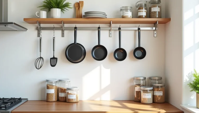 Prateleira de parede organizada com panelas penduradas em ganchos e potes de vidro etiquetados na cozinha