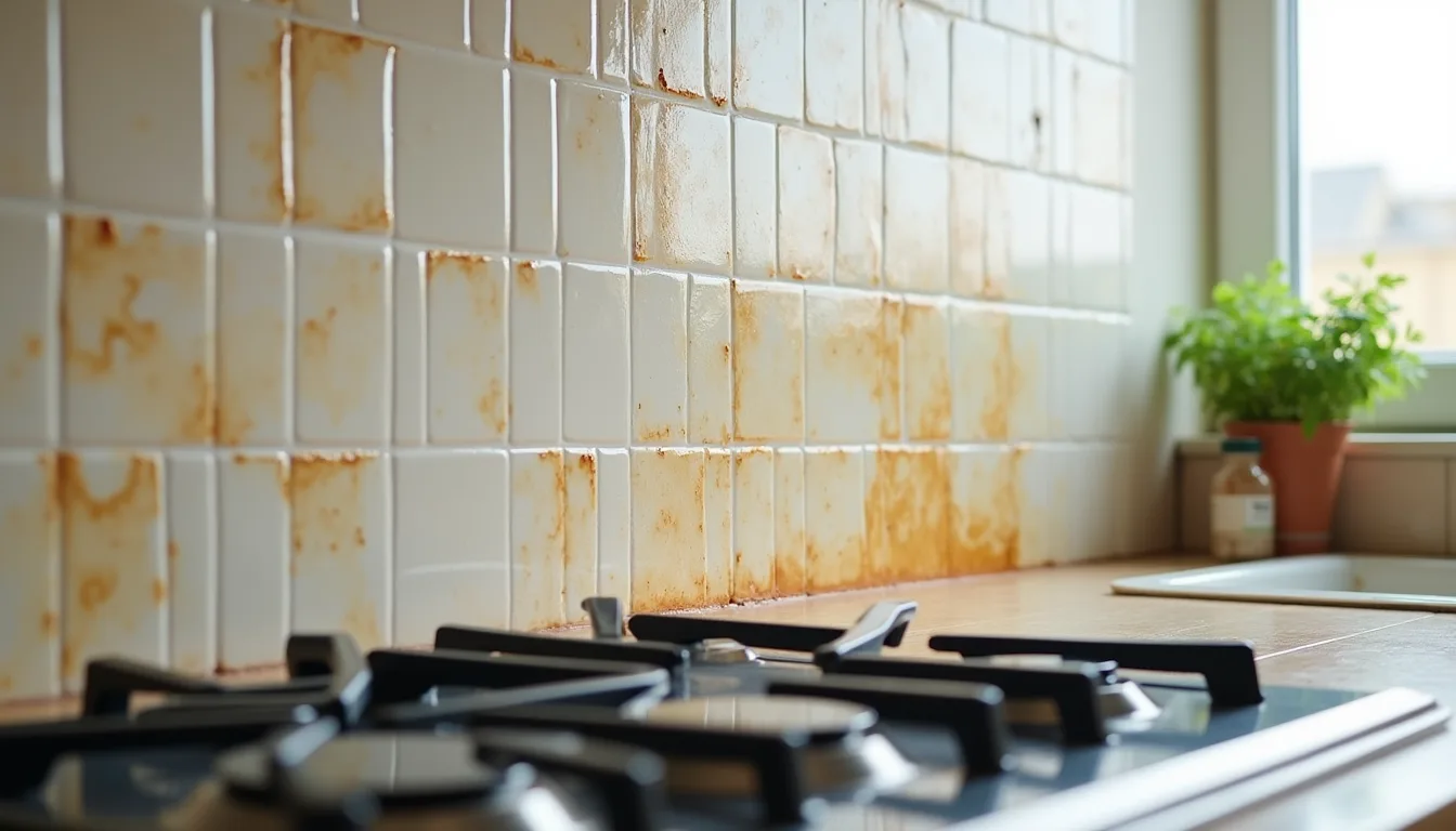 Azulejo de cozinha com gordura acumulada próximo ao fogão antes da limpeza