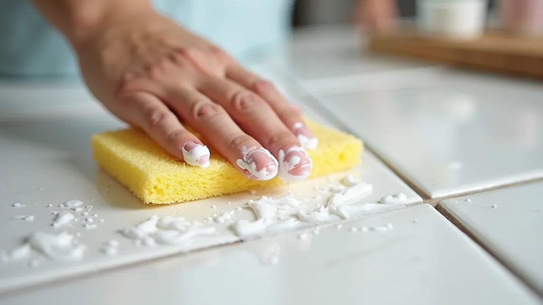 Mão esfregando azulejo engordurado com esponja e pasta de limpeza