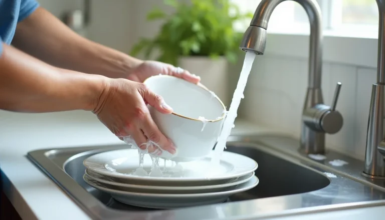 Mãos lavando louça com espuma de sabão na pia com a torneira fechada