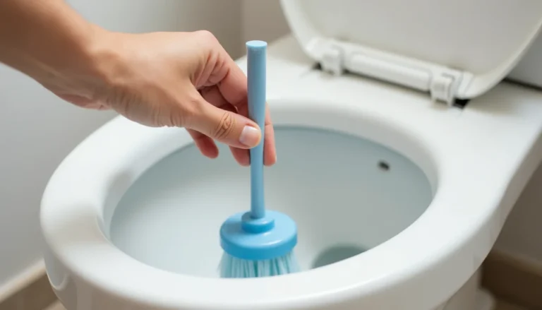 Mão limpando vaso sanitário com escova e espuma de limpeza