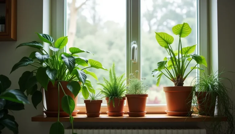 Plantas saudáveis como jiboia e zamioculca em prateleira perto de janela com luz indireta