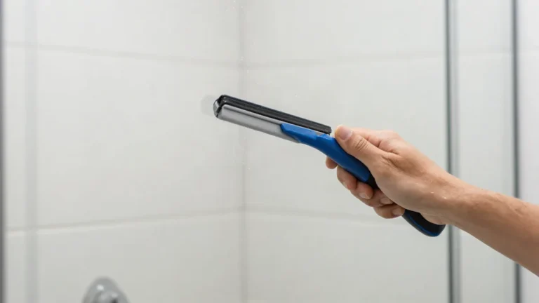 Mão usando rodo de vidro para secar o box do banheiro após o banho, prevenindo manchas de água