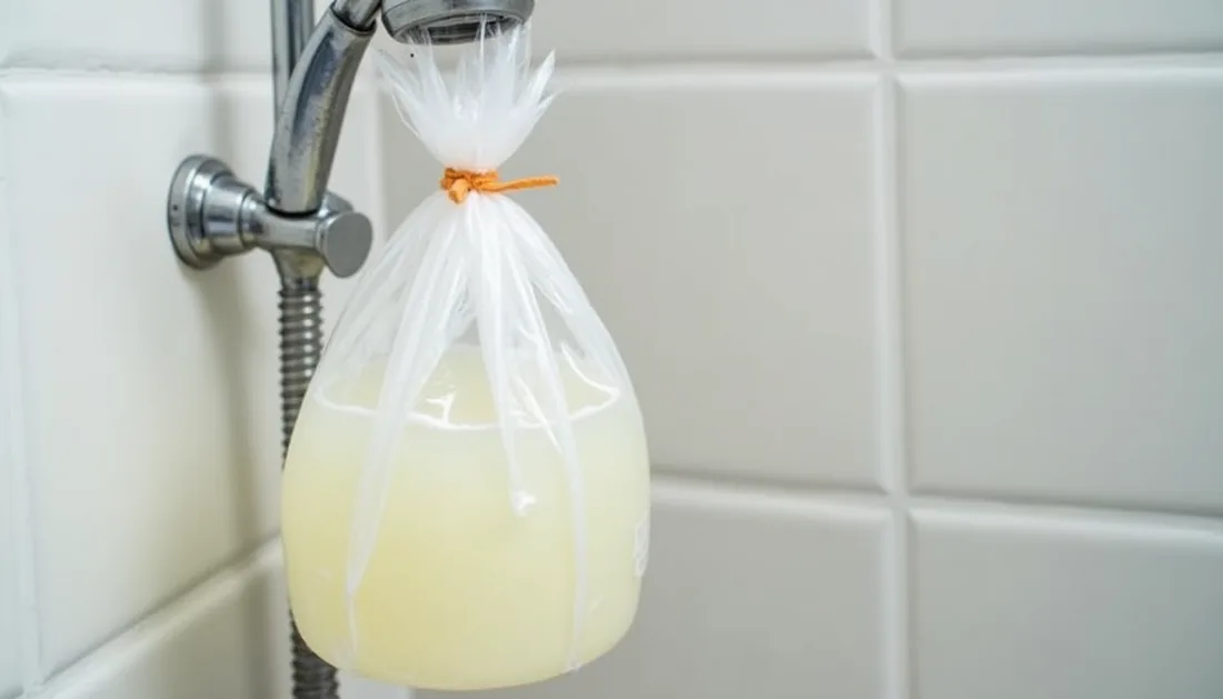 Saco plástico com vinagre amarrado no chuveiro para remover calcário