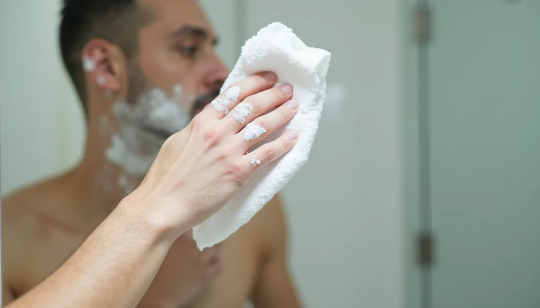 Mão aplicando uma fina camada de creme de barbear no espelho do banheiro com um pano