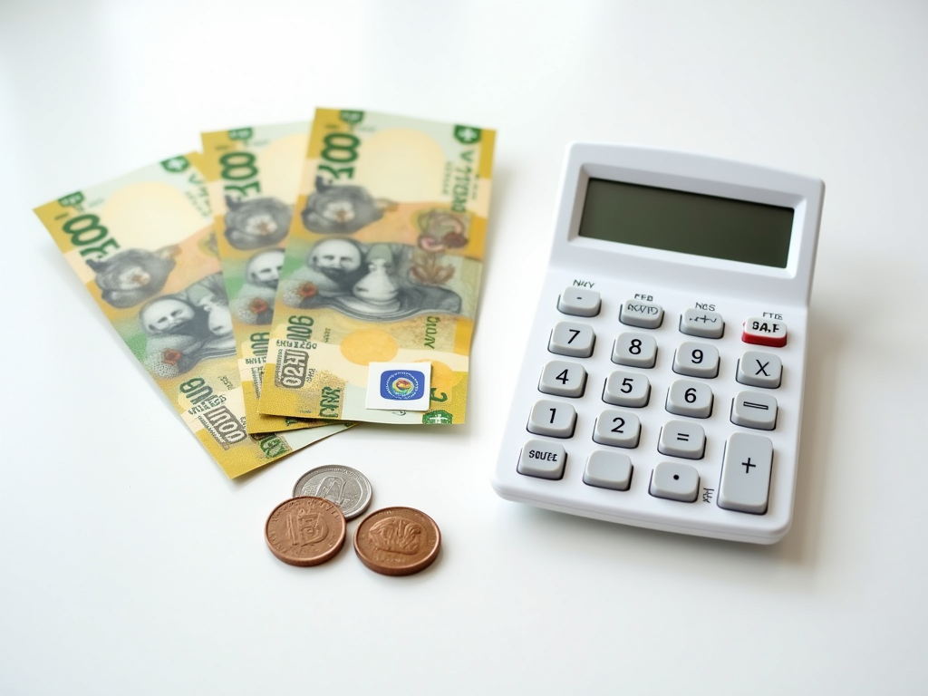 Calculadora com dinheiro e moedas representando cálculo de desconto