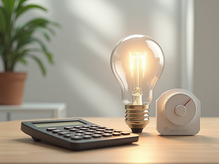 Lâmpada acesa e calculadora representando cálculo de consumo de energia