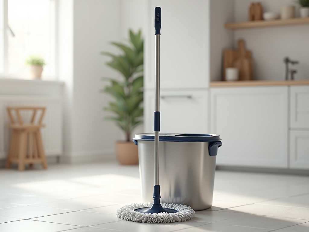 Mop giratório com balde centrífuga em piso de cozinha