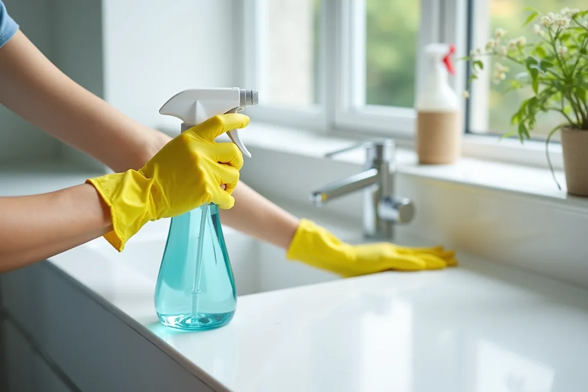 Limpando superfície com água sanitária diluída em ambiente ventilado