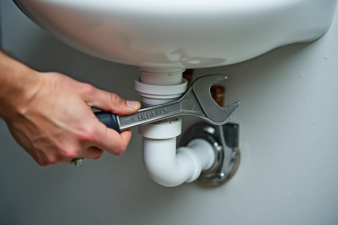 Mão com chave inspecionando cano em formato de U