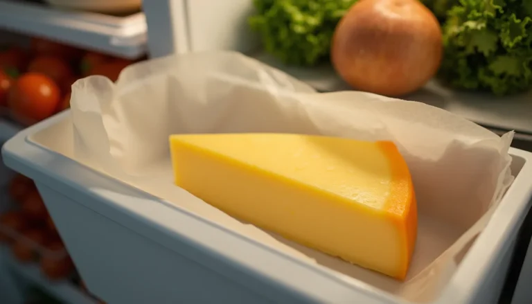 Queijo embrulhado em papel na gaveta da geladeira