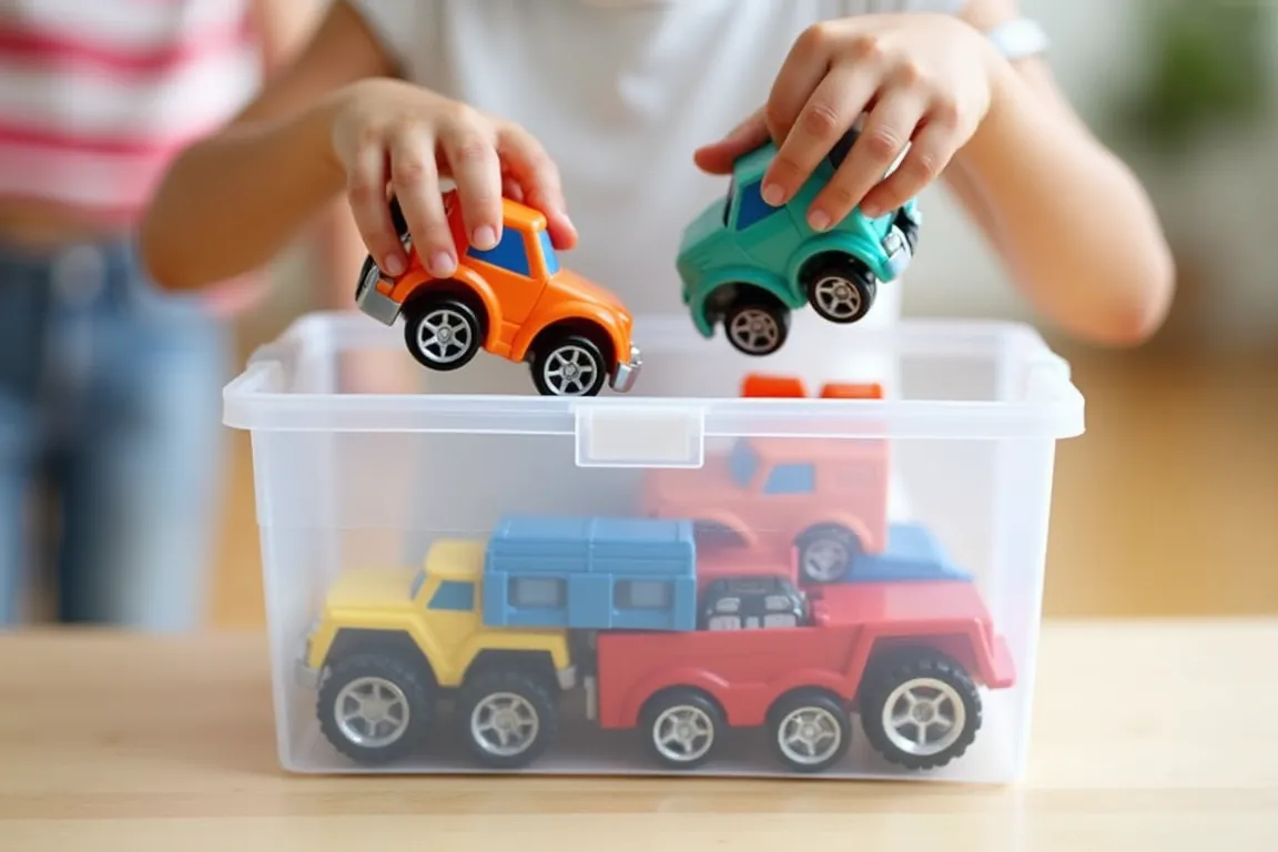 Criança guardando carrinhos em caixa organizadora
