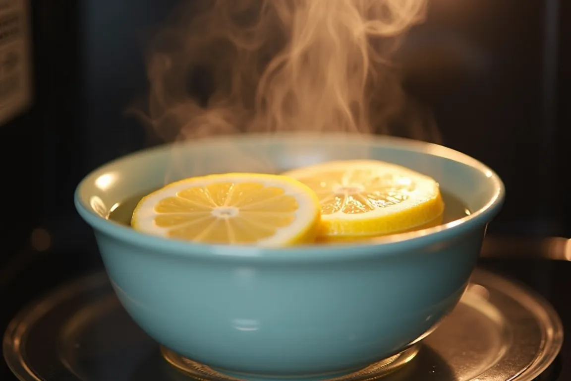Tigela com vinagre e limão gerando vapor no micro-ondas