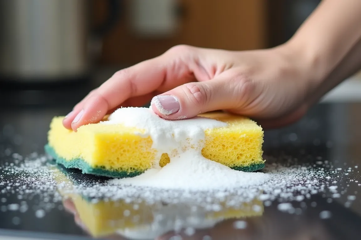 Esfregando fogão com pasta de bicarbonato