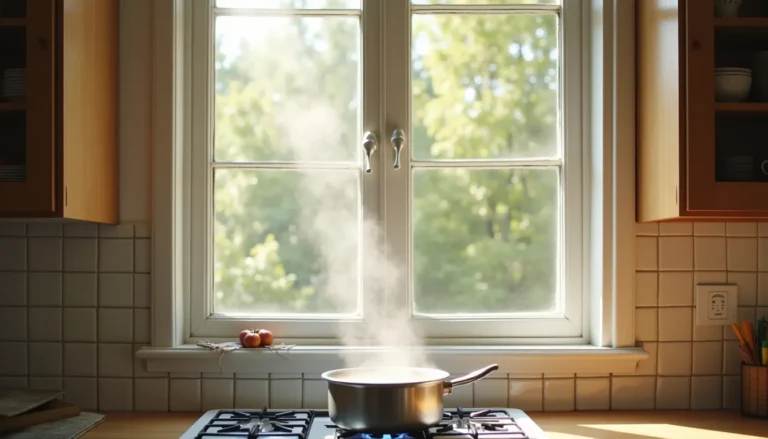 Janela aberta com vapor de vinagre na cozinha