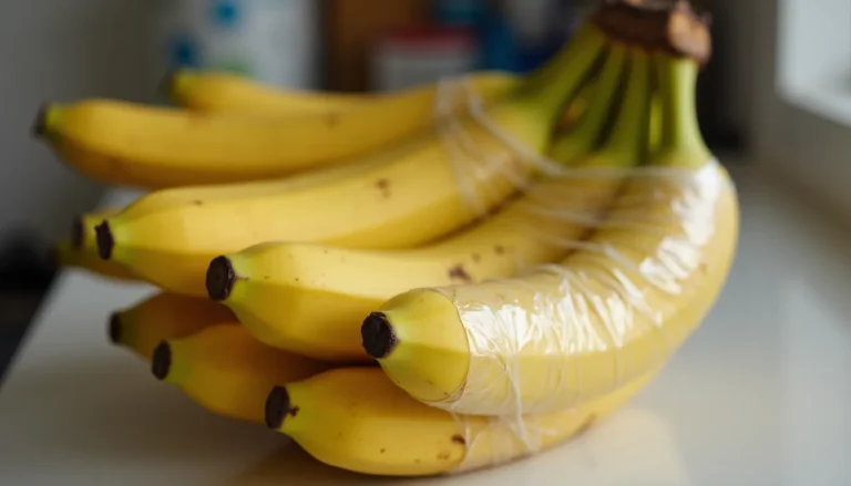 Cacho de banana com caule protegido por plástico