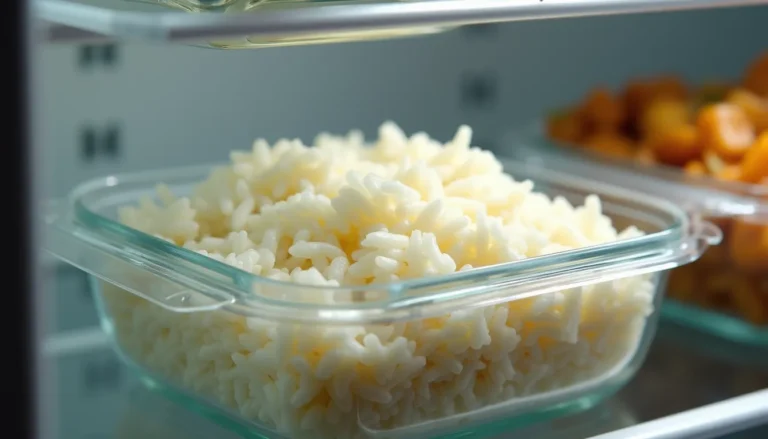 Arroz cozido em pote fechado na geladeira