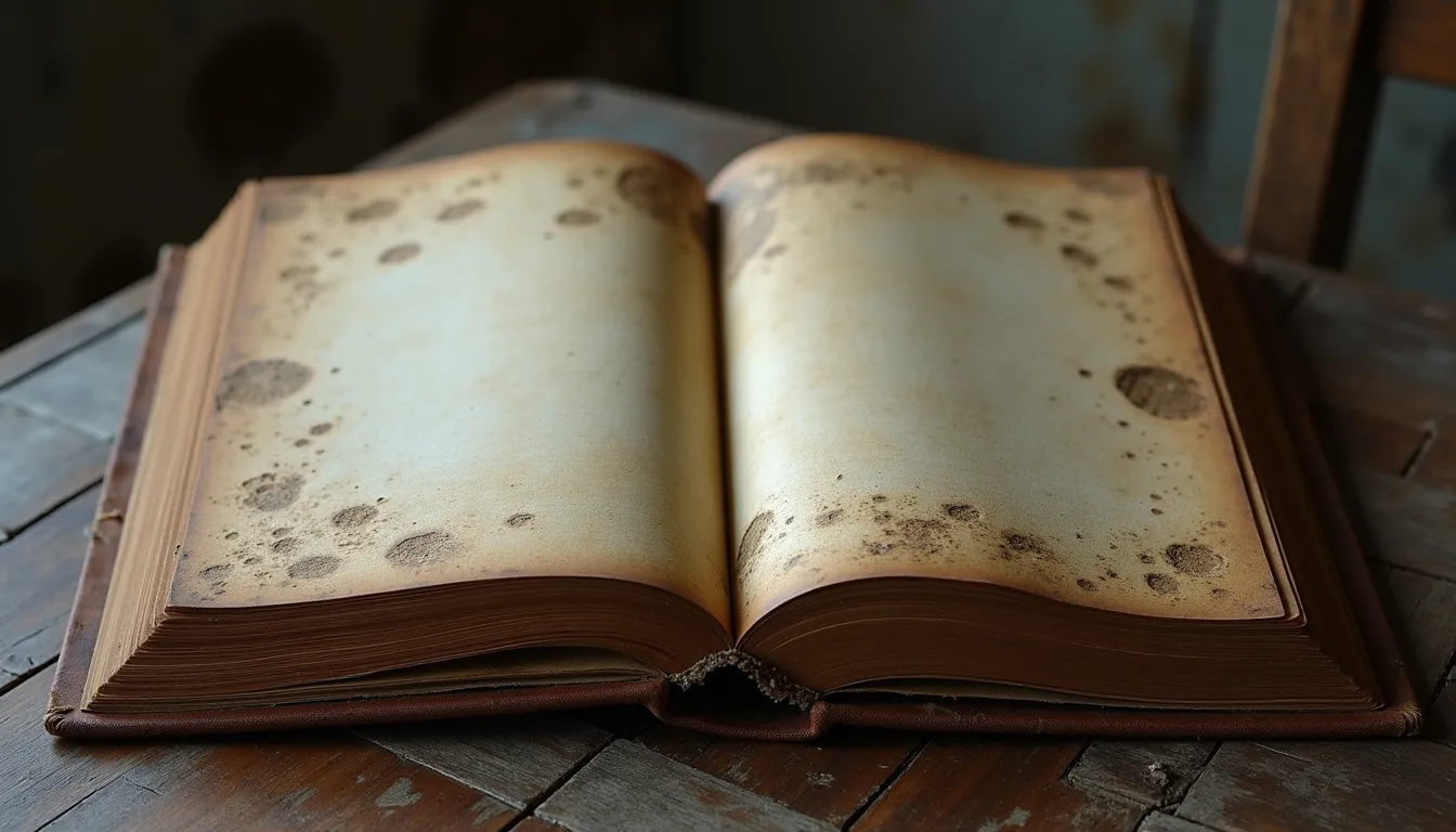 Livro antigo com manchas de mofo na capa