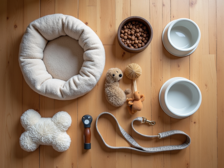 Itens básicos organizados para receber um pet: cama, potes, guia e brinquedos