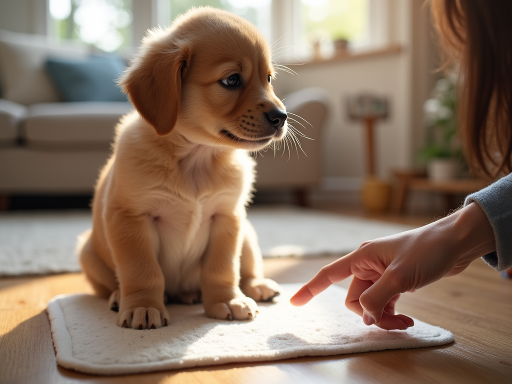 Filhote de cachorro perto do tapete higiênico enquanto o dono aponta o local