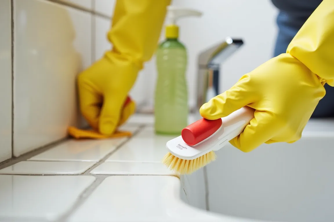 Limpando rejunte com escova e produto de limpeza