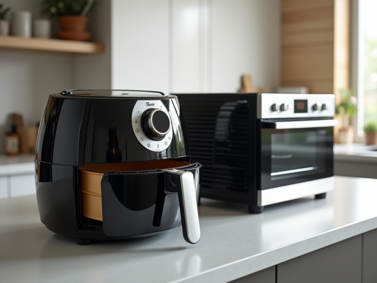 Air fryer e forno elétrico lado a lado na cozinha