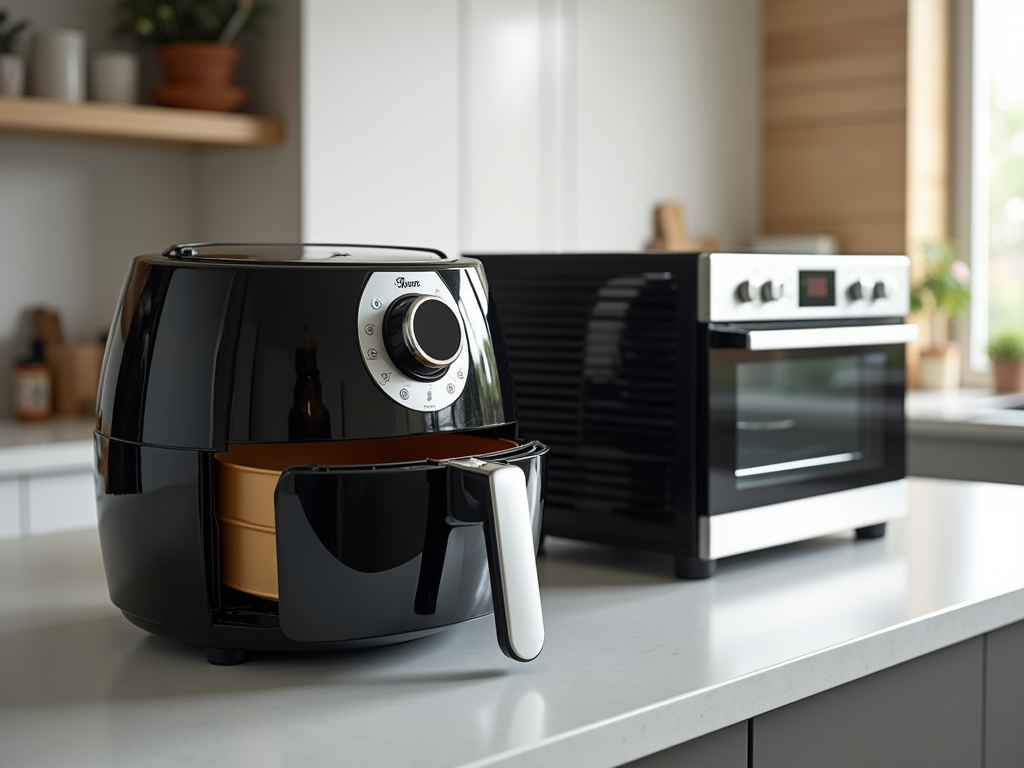 Air fryer e forno elétrico lado a lado na cozinha