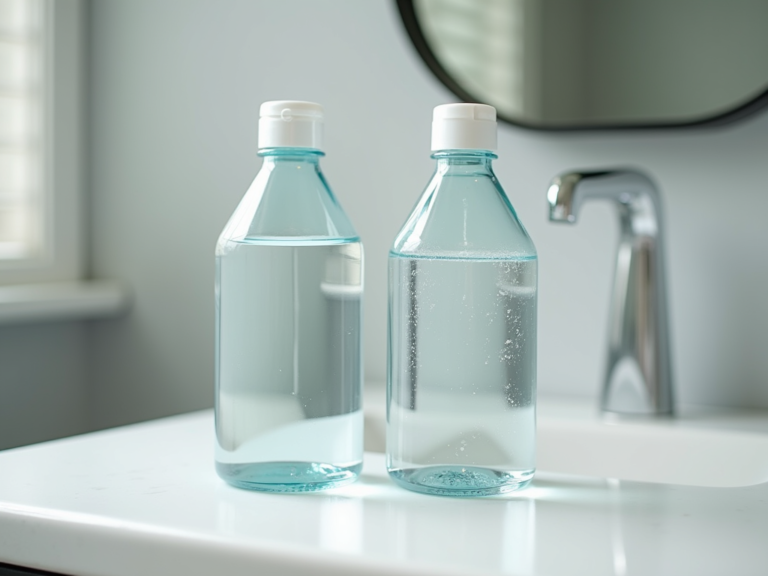 Frasco de álcool líquido ao lado de álcool em gel