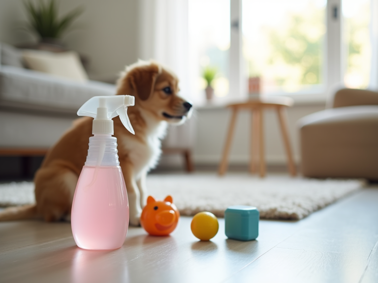 Desinfetante próximo a brinquedo infantil e cachorro em ambiente seguro