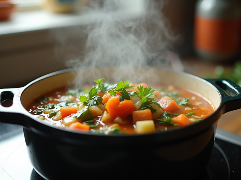 Panela de sopa feita com sobras de vegetais