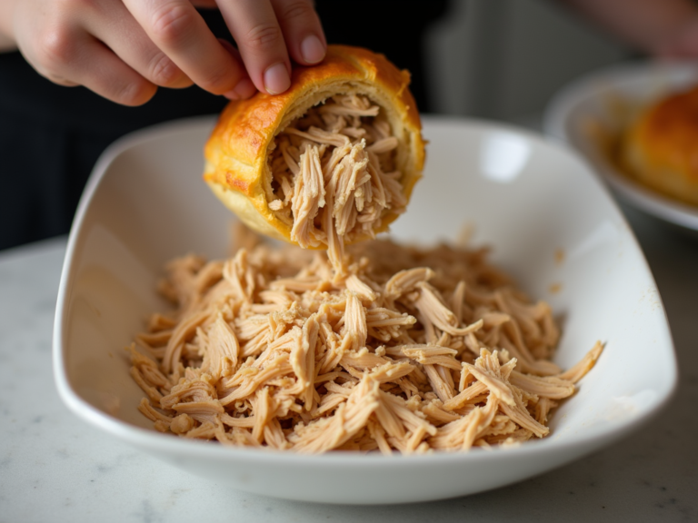 Frango desfiado sendo usado como recheio de torta salgada
