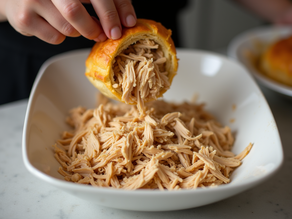 Frango desfiado sendo usado como recheio de torta salgada