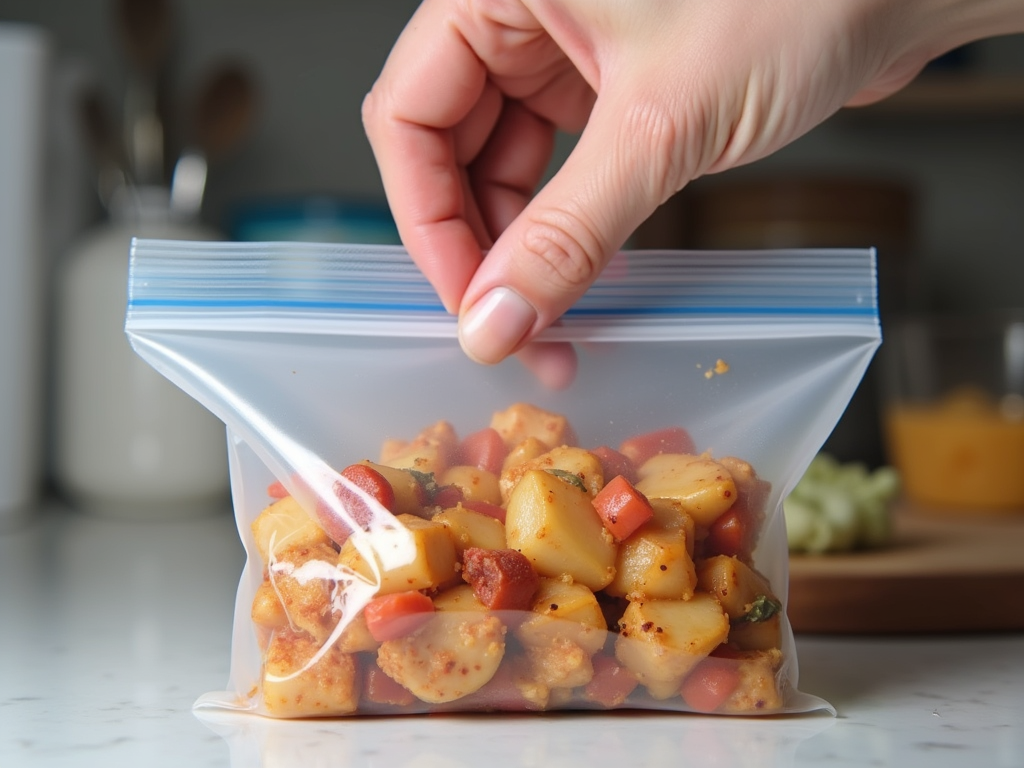 Congelando porção de comida pronta em saco próprio para freezer