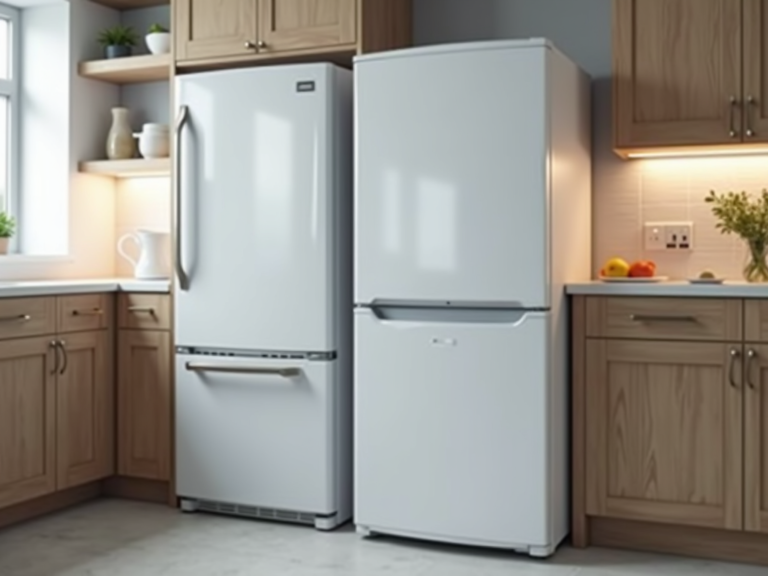 Geladeira e freezer separado lado a lado na cozinha