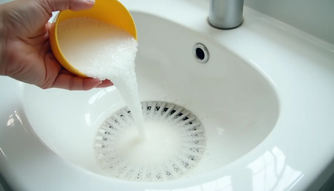 Bicarbonato de sódio e vinagre branco reagindo dentro do ralo do banheiro