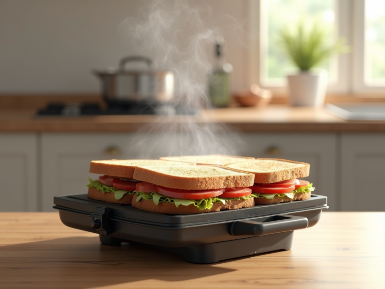 Sanduicheira grill com sanduíche em bancada de cozinha