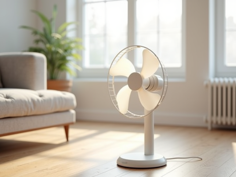 Ventilador de mesa branco em ambiente residencial