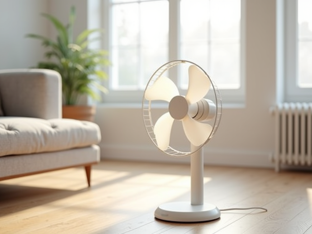 Ventilador de mesa branco em ambiente residencial